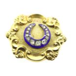 Victorian mourning brooch, tested as 15-18ct gold, with enamelled horseshoe set with array of
