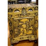 Highly carved Oriental small lidded chest, 40 x 25 x 90 cm H. Not available for in-house P&P.