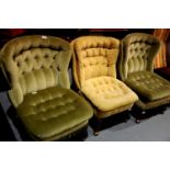 Three upholstered salon chairs each with overstuffed buttoned seat and back. Not available for in-