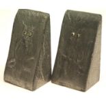 Pair of Arts and Crafts pewter bound bookends, each modelled with an owl in relief with glass