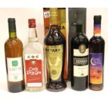 Bottles of Metaxa, Seneca, Cork Dry Gin and two wines. P&P Group 3 (£25+VAT for the first lot and £
