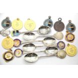 Collection of mid 20th century shooting medals and enamelled teaspoons. P&P Group 1 (£14+VAT for the