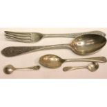 Victorian hallmarked silver fork and spoon, London assay 1846, two silver condiment spoons and a
