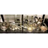 Selection of silver plate including covered entree dish, candlesticks, flatware etc. Not available