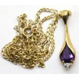 Amethyst and diamond pendant on a 9ct gold chain, 2.3g. L: 63cm P&P Group 1 (£14+VAT for the first