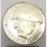 Silver 20 Lira - depiction of dictator Mussolini. P&P Group 1 (£14+VAT for the first lot and £1+