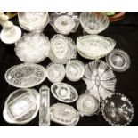 Three boxes of pressed glass dishes, bowls etc. Not available for in-house P&P