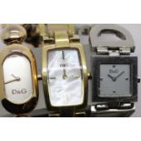 Three ladies Dolce and Gabbana wristwatches. P&P Group 1 (£14+VAT for the first lot and £1+VAT for