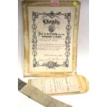 Antique Lloyds of London certificate to Henry W Ham for saving lives on the loss of British