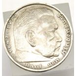 1935 - Nazi Silver 5 Reichsmark with Swastika / Roman Eagle - Depiction of Hindenburg Obverse ;