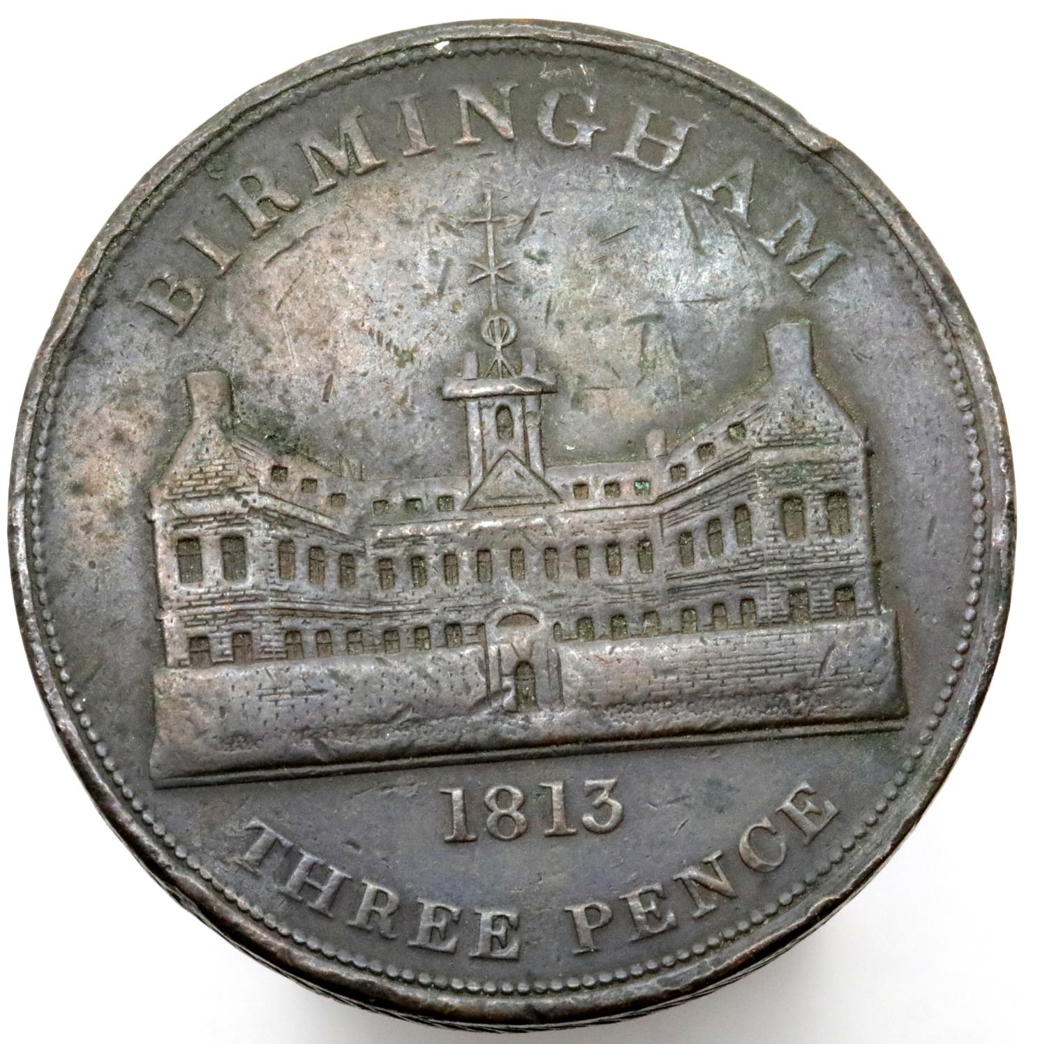 Large Birmingham 1813 threepences token. P&P Group 1 (£14+VAT for the first lot and £1+VAT for