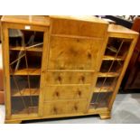 Art Deco walnut side by side bureau bookcase, with fitted interior, three drawers and concealed