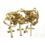 Three mixed chains and crucifixes in 9ct gold, one chain broken, 6.7g. P&P Group 1 (£14+VAT for