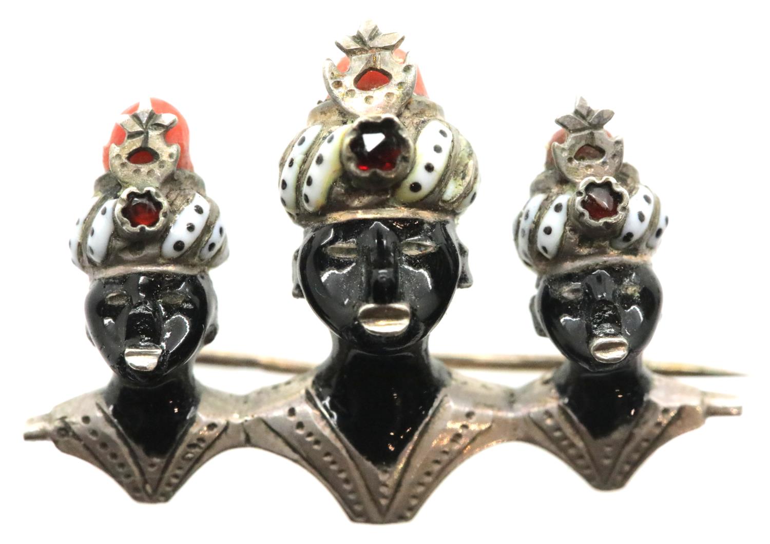 Presumed silver brooch featuring three kings with enamel crowns and coral tops, L: 3 cm. P&P Group 1