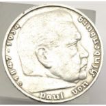 1938 - Nazi Silver 5 Reichsmark with Swastika / Roman Eagle - Depiction of Hindenburg Obverse ;