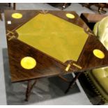 Edwardian inlaid rosewood envelope fold card table with recessed cups and original green baize, 78 x