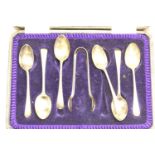 Hallmarked silver boxed set of six teaspoons and sugar tongs, Sheffield assay 1945, combined 90g.
