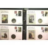 Volume of coin stamp covers including Christopher Columbus banknotes, Sherlock Holmes and Asian