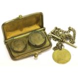 Leather and yellow metal full and half sovereign purse on chain. P&P Group 1 (£14+VAT for the