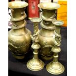 Pair of Japanese brass dragon vases and matching pair of candlesticks. Not available for in-house