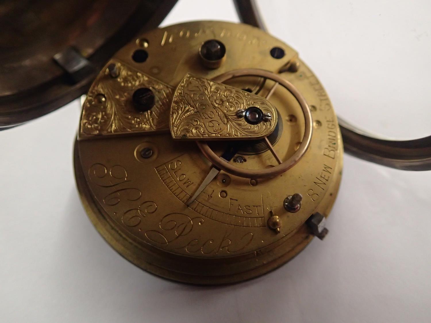 H.E.Peck London hallmarked silver cased key wind pocket watch, working at lotting. P&P Group 1 (£ - Image 4 of 5