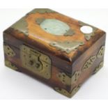 Oriental brass bound jewellery box with silver and white metal contents. Not available for in-