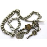 Hallmarked silver graduated pocket watch chain with two keys and threepence fob, 40g. P&P Group