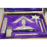 Oak cased Masonic set of working tools in white metal. Not available for in-house P&P.