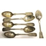 Victorian hallmarked silver set of six silver spoons, Sheffield assay 1849, engraved, combined 147g.