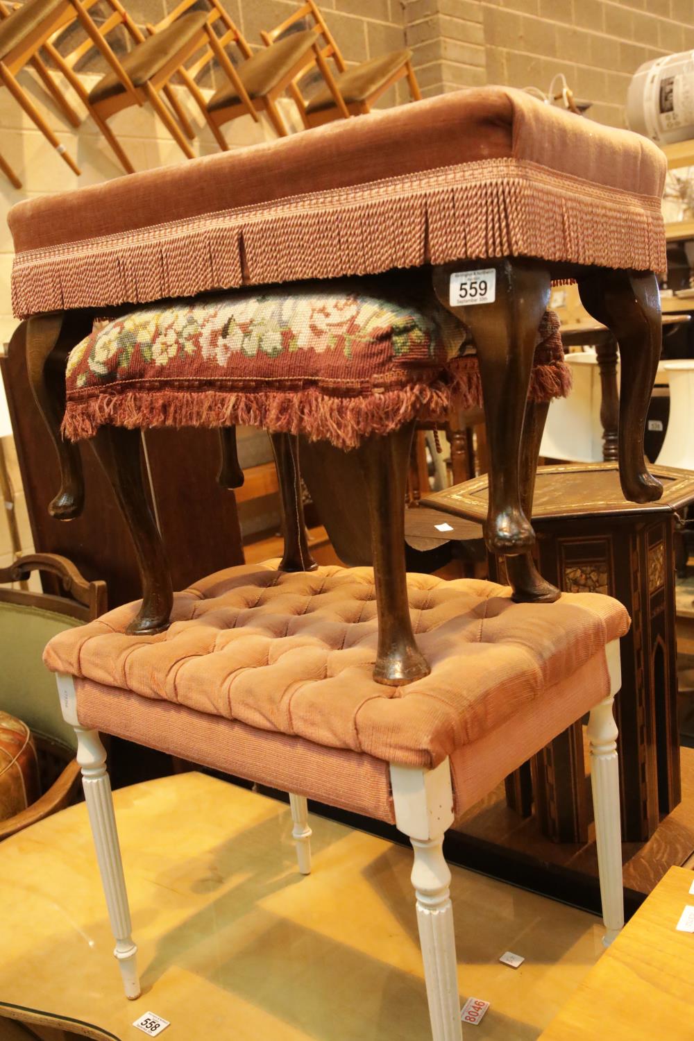 Three upholstered dressing stools. Not available for in-house P&P.