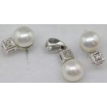 10K white gold pearl set earrings and pearl pendant. P&P Group 1 (£14+VAT for the first lot and £1+