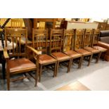 Seven carved Art Nouveau type dining chairs with upholstered seats (6+1). Seat H: 43 cm, back H: 107