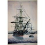 Signed print of HMS Warrior by J E Wigston, 35 x 45 cm. Not available for in-house P&P.