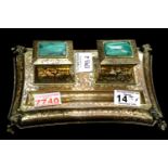 19th century Imperial Russian Empire gilt bronze desk stand, each lined inkwell hinged cover set