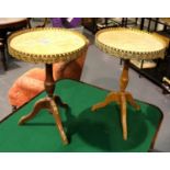 Near pair of French Rouge marble top tables with brass mounts, D: 39 cm, H: 56 cm. Not available for