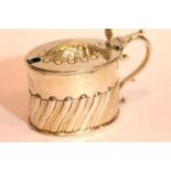 Victorian hallmarked silver heavy gauge mustard pot with hinged cover and Bristol blue glass liner