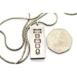 Sterling silver hallmarked ingot, 30g, Sheffield 177 on white metal chain. P&P Group 1 (£14+VAT