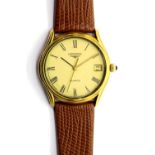 Longines gents mid-size gold plated quartz wristwatch on brown leather strap, D: 26 mm, requires