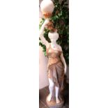 Alabaster stature of a young lady holding a globe, H: 172 cm. Not available for in-house P&P.