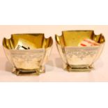 Victorian hallmarked silver pair of open salts, each with engraved decoration and gilt washed