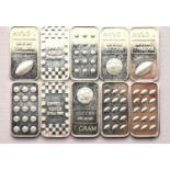 Ten 1g assorted fine silver bars. P&P Group 1 (£14+VAT for the first lot and £1+VAT for subsequent