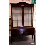 Large Edwardian inlaid mahogany cabinet, the glazed display top with glass shelves sits on a chest