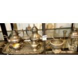 Silver plated items including tea set on tray and cocktail shaker. Not available for in-house P&P.