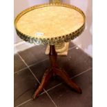 Near pair of French Rouge marble top tables with brass mounts, D: 39 cm, H: 56 cm. Not available for