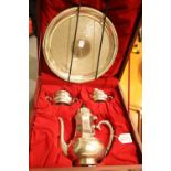 Cased Royal Selangor pewter tea set consisting of tea tray, pot, sugar and cream jug in highly