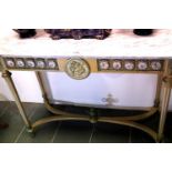 French marble top console table, brass mounted and surmounted with painted porcelain panels, L: