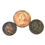 Three Georgian copper coins, one holed. P&P Group 1 (£14+VAT for the first lot and £1+VAT for