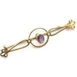 Edwardian 9ct gold amethyst set brooch, 2.3g. P&P Group 1 (£14+VAT for the first lot and £1+VAT