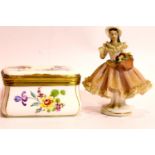 Continental ceramic trinket box and a Dresden lady. P&P Group 2 (£18+VAT for the first lot and £3+