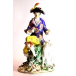 Dresden man with dog figurine, H: 20 cm. P&P Group 2 (£18+VAT for the first lot and £3+VAT for